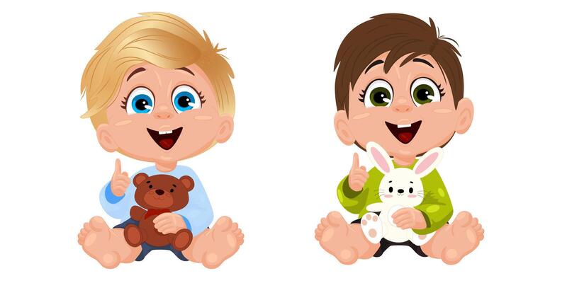 Two cheerful toddlers sit on the floor, one holding a teddy bear and the other a white bunny plush. Both are smiling and enjoying their playtime together in a cozy, vibrant environment.