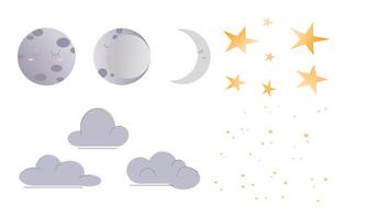 Set of phases of moons, stars and clouds on white background. Night sky. illustration of starry sky with different moon shapes in pastel colors in cartoon style. vector