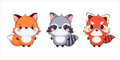 Three adorable cartoon animals are showcased, including a smiling fox, a cheerful raccoon, and a friendly red panda. Their playful expressions and vibrant colors create a joyful atmosphere. vector