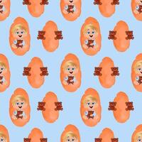 A cheerful child with blonde hair sits on a light blue background surrounded by friendly teddy bears. Seamless pattern, repeating pattern. vector