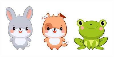 Three adorable cartoon animals are showcased together a bunny, a playful orange puppy, and a bright green frog. Each character displays a cheerful expression, enhancing their charm. vector