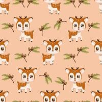 Seamless pattern with cute baby deers and plants. Animals illustration. Animals seamless pattern. Nursery art background. Children's fabric pattern design. vector