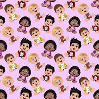 Four children with diverse hairstyles sit closely together, each holding their favorite stuffed toys. Seamless pattern, repeating pattern. vector