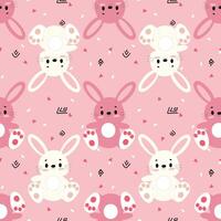 Seamless pattern with two plush rabbits, white and pink, surrounded by doodle elements on a pink background. Cute stuffed animal toy design for kids' textile, wallpaper, wrapping paper, and print. vector
