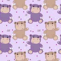 Seamless pattern with two plush hippopotamuses, gray and purple, on a light purple background. Cute stuffed animal toy design for kids' textile, wallpaper, wrapping paper, and print. vector