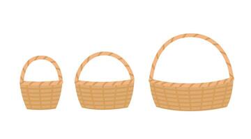 Wicker basket with handle different size set. Braided basketry container picnic. illustration vector