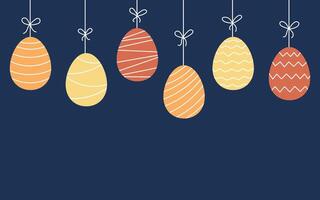 Painted color Easter eggs hanging on string, seamless border on dark background. Egg in flat hand drawn style. illustration vector