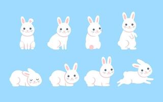 Cute white baby rabbit, hare animal set for Easter design in different poses. Animal bunny in cartoon style. Rabbit stand, sit, lye and sleep, jump and play. illustration on blue background vector