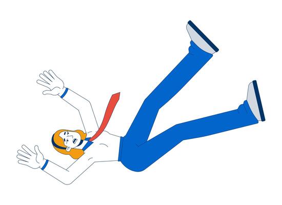 Falling blonde businesswoman with shocked expression 2D cartoon character. Unexpected failure. Female office worker with raised hands flat person isolated on white. Spot illustration colorful