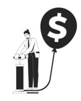 Financial bubble line illustration concept. Inflation. Currency devaluation. Business man pumping air into balloon with dollar sign outline 2D character isolated. Ink linear drawing art vector