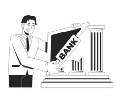 Bank collapse line illustration concept. Economic crisis. Institution banking intervention. Banker trying to hold up crumbling structure outline 2D character isolated. Ink linear drawing art vector