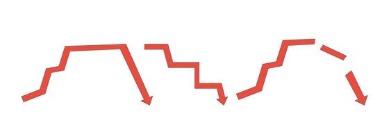 Falling financial arrows jagged downward 2D cartoon objects set. Economic decline, crisis, market volatility. Recession isolated elements flat clip arts on white. Spot illustrations collection vector