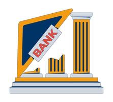 Collapsing bank structure with tilted sign, broken pillars 2D cartoon object. Economic failure. Falling institution architecture isolated element flat clip art on white. Spot illustration vector