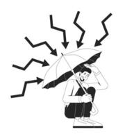 Protection from recession line illustration concept. Financial shelter. Worried businessman crouching under umbrella from crisis arrows outline 2D character isolated. Ink linear drawing art vector