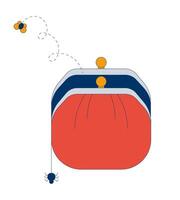 Empty coin purse with dangling spider and bug flying away 2D cartoon object. Poverty, financial hardship. Money trouble wallet isolated element flat clip art on white. Spot illustration vector