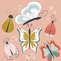 Set of colorful illustrations of butterflies. Set of summer and spring pictures of icons. Pattern splash cover and birthday card. Red splash summer and spring butterflies and bugs vector