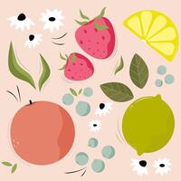 seamless background with fruits, Set of illustrations with fresh summer and spring fruits. Refreshing fruits. Pictures for stickers. Background images with fruits. Lime lemon blueberry and strawberry. vector