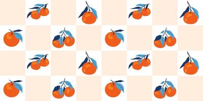 Seamless pattern with tangerine on branch. Citrus fruit. Checkered background for tablecloths, clothing, packaging, fabric. vector