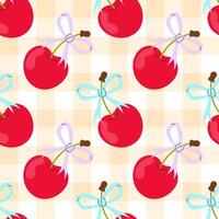 Pattern of ripe cherry with bows on checkered background. Tartan check for tablecloths, napkins, packaging. Cheerful background. vector