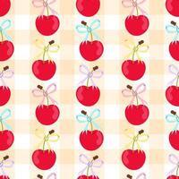 Pattern of red cherry with coloured bows on checkered background. For tablecloths, napkins, packaging. Cute background. vector