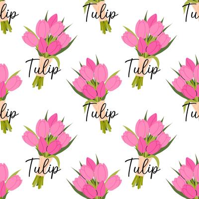 Seamless pattern with pink tulip bouquets on white background. Spring flowers. For textiles, packaging, wallpapers and floral designs.