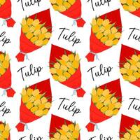 Pattern with yellow tulip bouquets wrapped in red paper on white background. Spring flowers. For textiles, packaging and floral designs. vector
