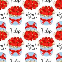 Pattern with red tulip bouquets in an elegant round gift blue box with bow. For floral and festive designs, textile, wrapping paper. vector