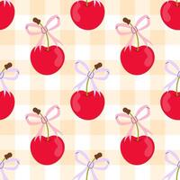 Seamless pattern of ripe cherry with a bow on a checkered background. Tartan check for tablecloths, napkins, packaging. Cozy cute childish background. Easter holiday. vector
