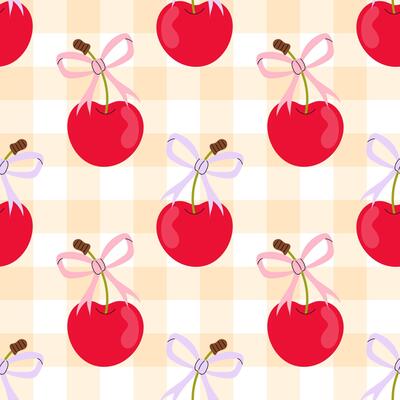 Seamless pattern of ripe cherry with a bow on a checkered background. Tartan check for tablecloths, napkins, packaging. Cozy cute childish background. Easter holiday.