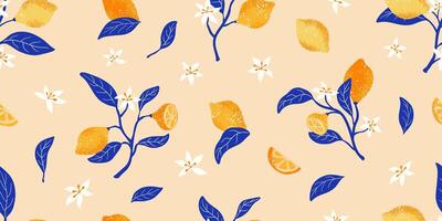 Tropical seamless pattern with lemon branch and flower. Fruit repeated background. design for fabric, menu, wallpaper. vector