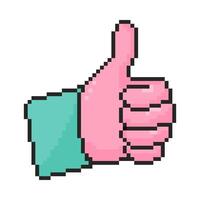 Pixel art thumb up icon in 8 bit style. Retro 80s,90s game graphics. vector