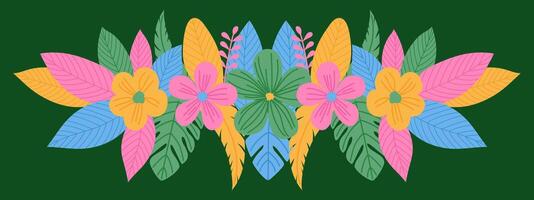 Spring botanical horizontal border. Colorful flowers and tropical leaves in a row. vector