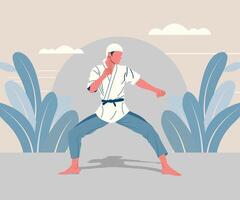 Karate practitioner in action, performing a punch in a training session. vector