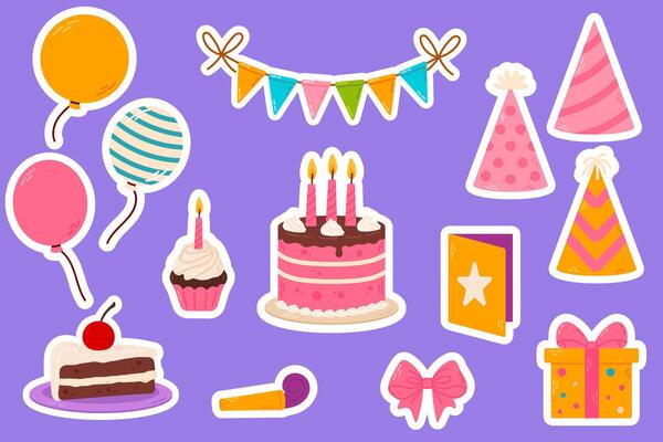 A colorful set of festive birthday stickers, including cakes, cupcakes, balloons, gifts, and decorations. Ideal for party invitations, scrapbooking, and festive design projects.
