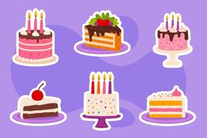 A set of colorful cakes stickers with different flavors and toppings. Playful and bright digital illustration, perfect for party designs, bakery branding, and digital assets. vector