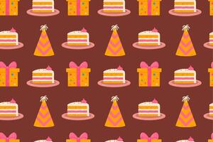 Seamless pattern with birthday cakes, party hats, gifts, and bows on a brown background. Perfect for wrapping paper, festive decor, and digital designs. vector
