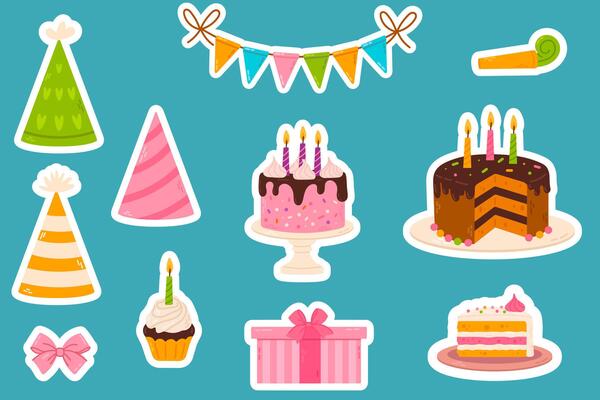 A charming set of birthday-themed stickers featuring cakes, cupcakes, gifts, balloons, and party hats. A perfect addition to celebration designs, invitations, and digital artwork.