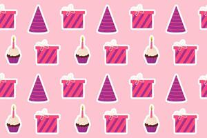 A seamless pattern with birthday cakes, party hats, gifts, and bows on a pink background. Perfect for wrapping paper, festive decor, and digital designs. vector