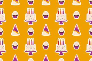 A seamless birthday pattern with cakes, cupcakes, and party hats on a bright yellow background. Great for wrapping paper, kids parties, and festive decorations. vector