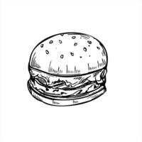Monochrome burger black ink illustration. Etching drawing of single beef patty with lettuce, tomato, and onion in sesame bun. Fast food line art style for menus, and food related designs vector