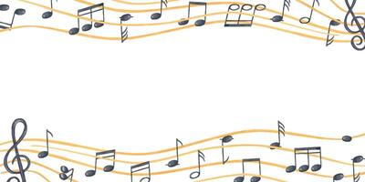 Watercolor black musical notes on yellow stave horizontal border with empty space for text. Floating sound symbols on graphic staff frame isolated background. For music branding, concert posters.. vector