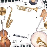 Watercolor musical instruments and floating music notes square border isolated background. Double bass, drum, electric guitar, French horn, vinyl record, clarinet frame with copy space for text vector