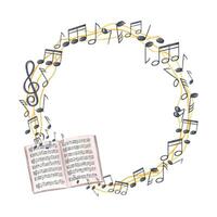 Watercolor black musical notes on yellow stave and open music notebook wreath with copy space for text. Sound symbols on graphic staff and composer book isolated background. For greeting card, label. vector