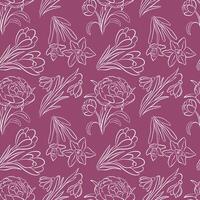 Seamless pattern with spring flower tulip, peony, daffodil and crocus in hand drawn style. Simple floral design for fabric, wrapping paper, print on a pink background. vector