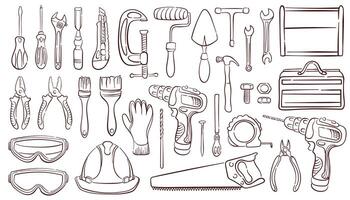Construction tools set in line art style. Doodle design of wrench, brush, handsaw, hammer and nails. Screw, nut and bolt. Tape measure, screwdriver, goggles, saw, pliers isolated on white background. vector