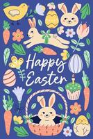 Happy Easter vertical poster with bunny in basket and different elements. Greeting hand drawn card on dark background. Flat illustration with partial outline. Isolated illustration. vector