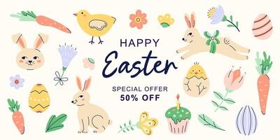 Happy Easter horizontal banner with hares, carrot and flowers around the perimeter on beige background. Design with text for discount. Happy Easter hand drawn card. Flat illustration with partial outline. illustration. vector
