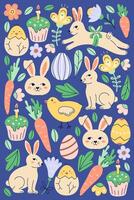 Happy Easter vertical poster with bunny and different elements. Greeting hand drawn card on dark background. Flat illustration with partial outline. Isolated illustration. vector