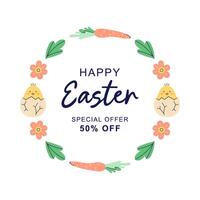 Happy Easter Round frame with chicken, carrot and flowers. Design with text for discount. Happy Easter hand drawn card. Flat illustration with partial outline. illustration. vector
