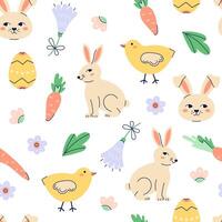 Happy Easter seamless pattern with bunny, chick and flowers on white background. Happy Easter hand drawn card. Flat illustration with partial outline. illustration. vector